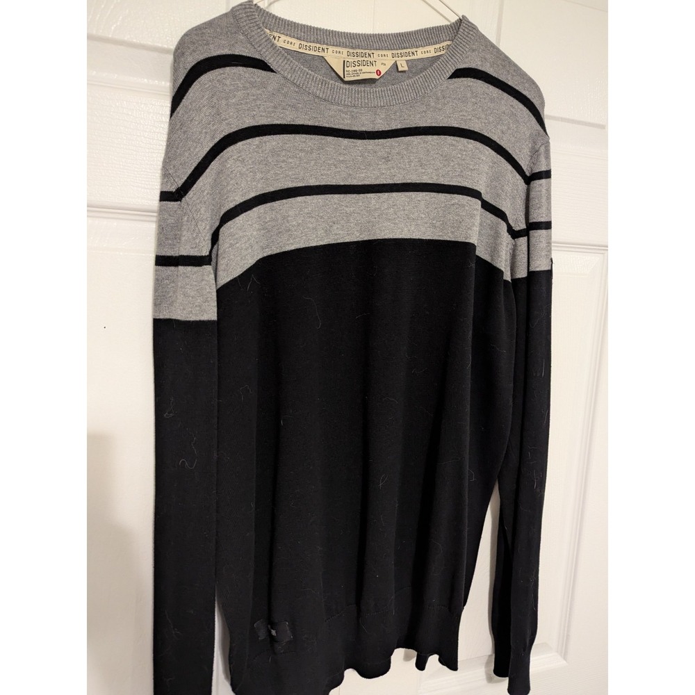 Core Dissident L Men's Sweater Long Sleeve Shirt Black Grey Stripe Color EUC